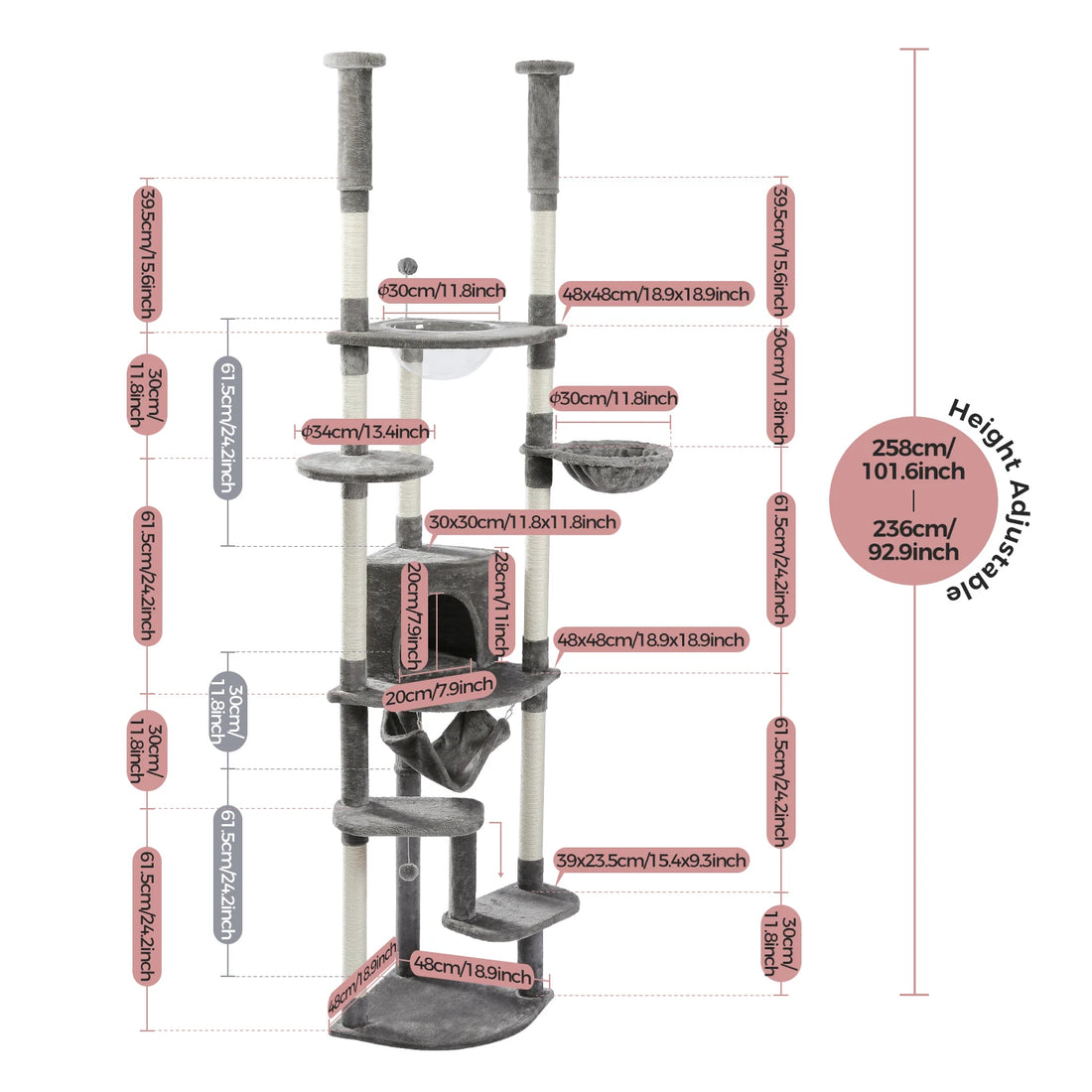 Schéma des dimensions de l'arbre à chat gris : plateformes de 48 × 48 cm, niche de 30 × 30 cm