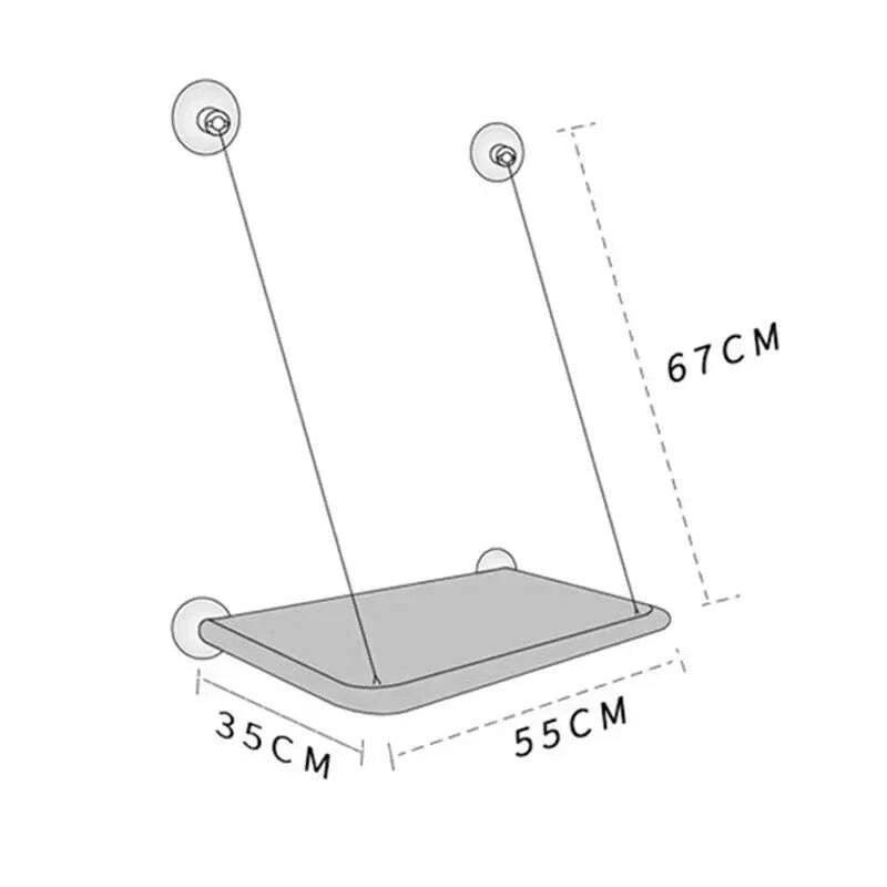 Schéma des dimensions du hamac de vitre pour chat : assise 55 × 35 cm, hauteur avec câbles 67 cm