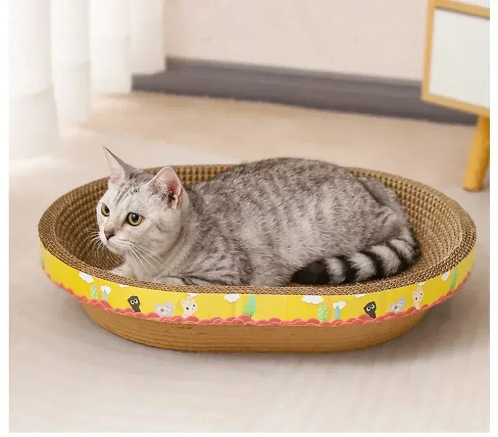 Chat tigré gris à la queue rayée couché dans un lit griffoir ovale en carton, bordure jaune