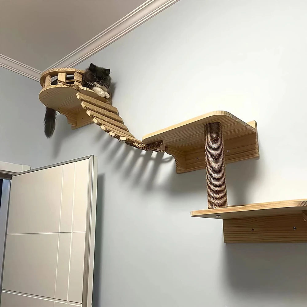 Chat noir et poilu allongé sur une niche murale reliée par un pont de corde à des plateformes en bois