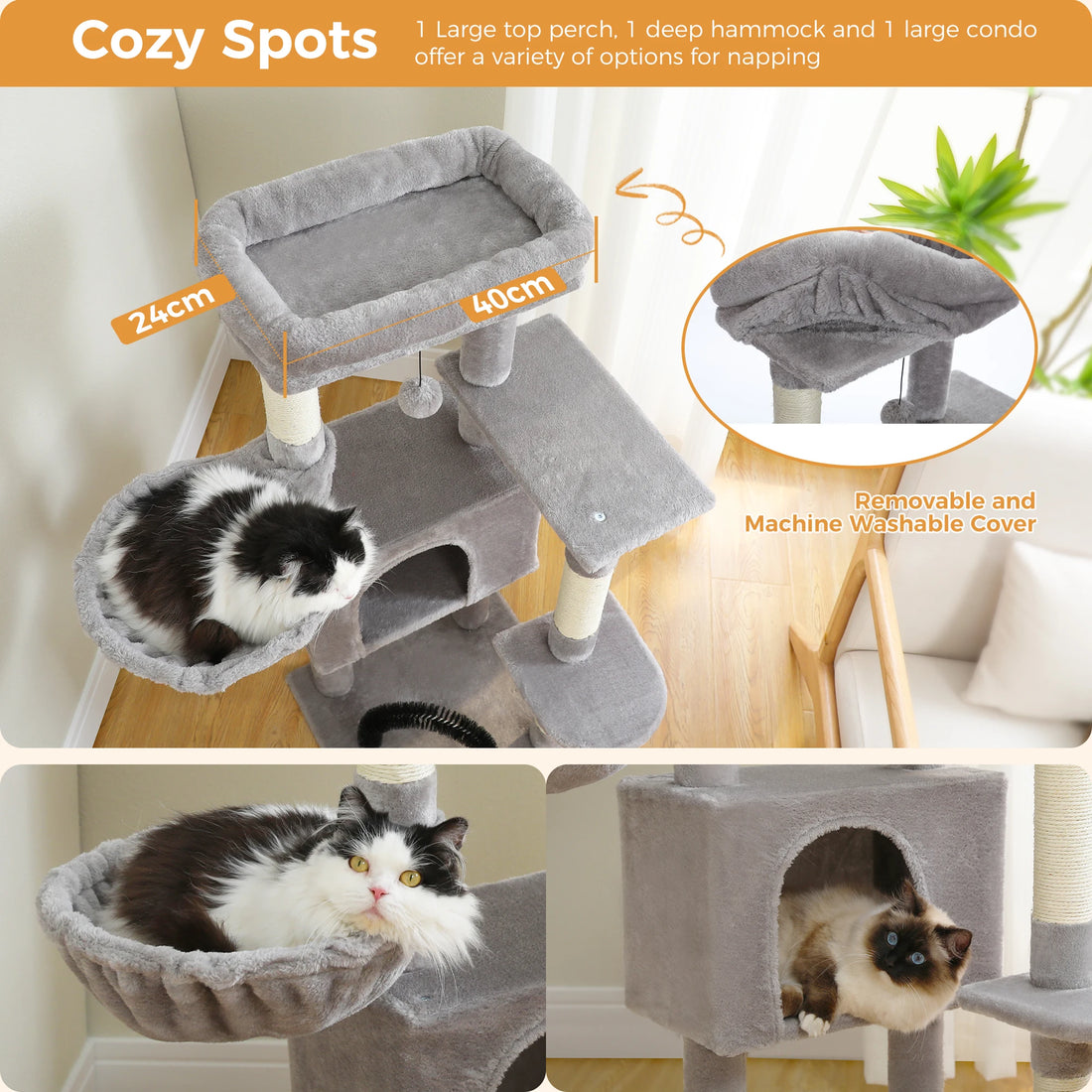 Trois coins de repos de l'arbre à chat : grand perchoir 40 × 24 cm, hamac profond et niche