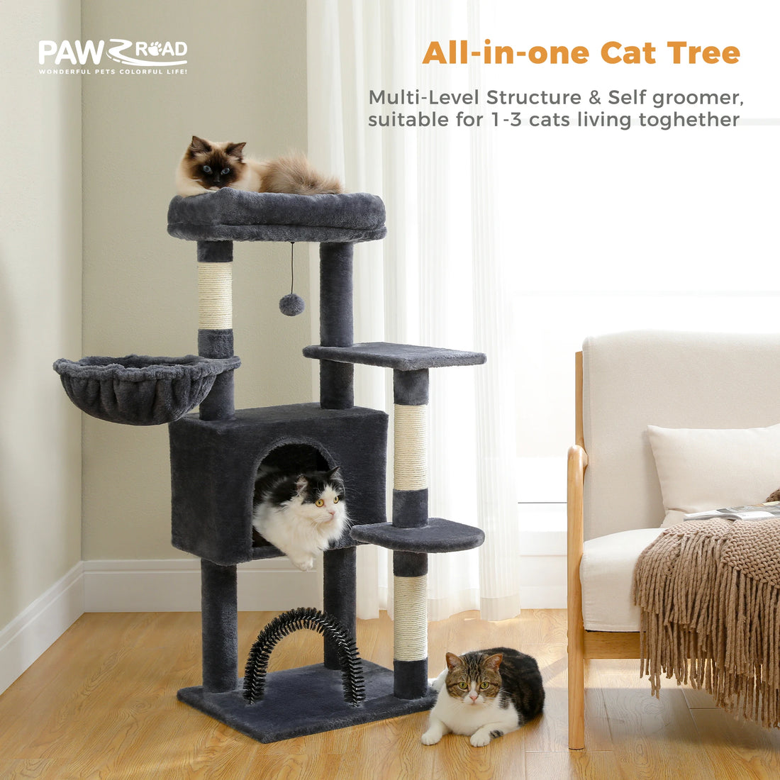Arbre à chat gris foncé près d'un fauteuil : ragdoll sur le perchoir, chat noir et blanc dans la niche, tigré au pied