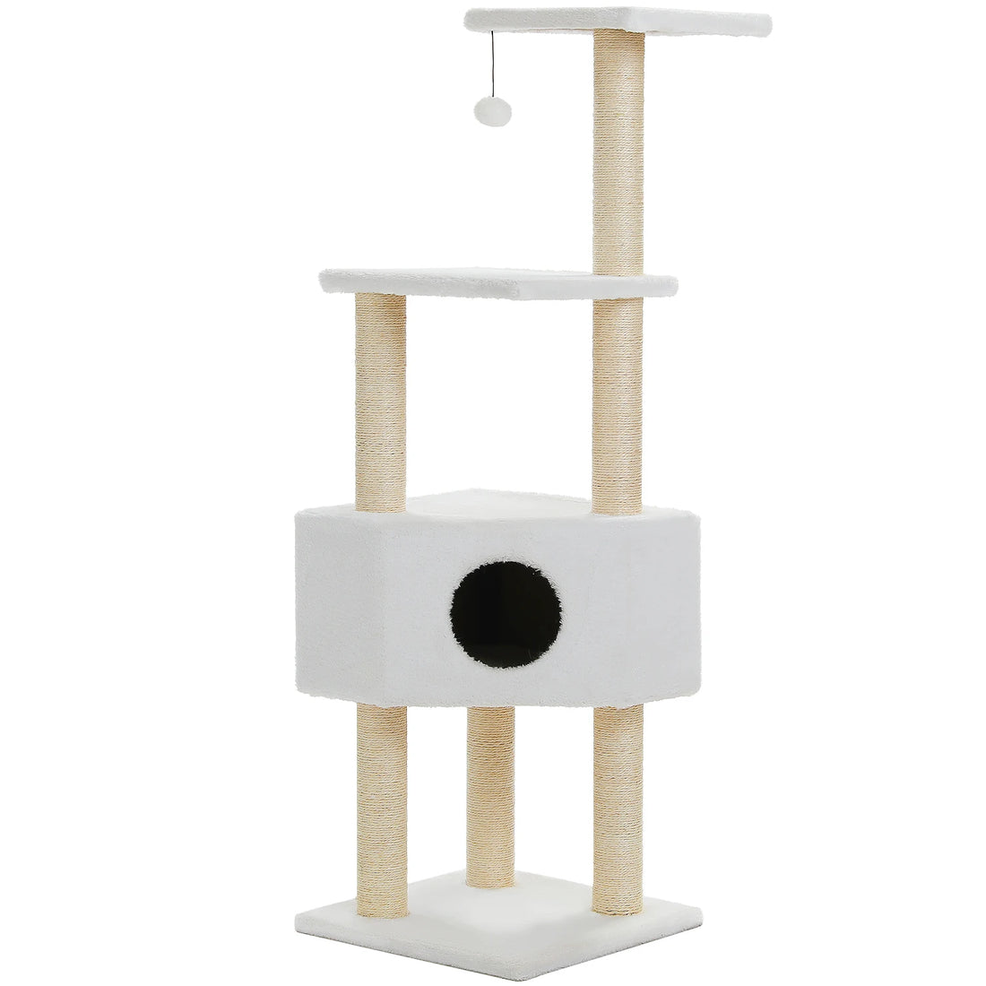 Tour à chat blanche à trois étages avec poteaux en sisal, niche à ouverture ronde et balle suspendue, sans chat