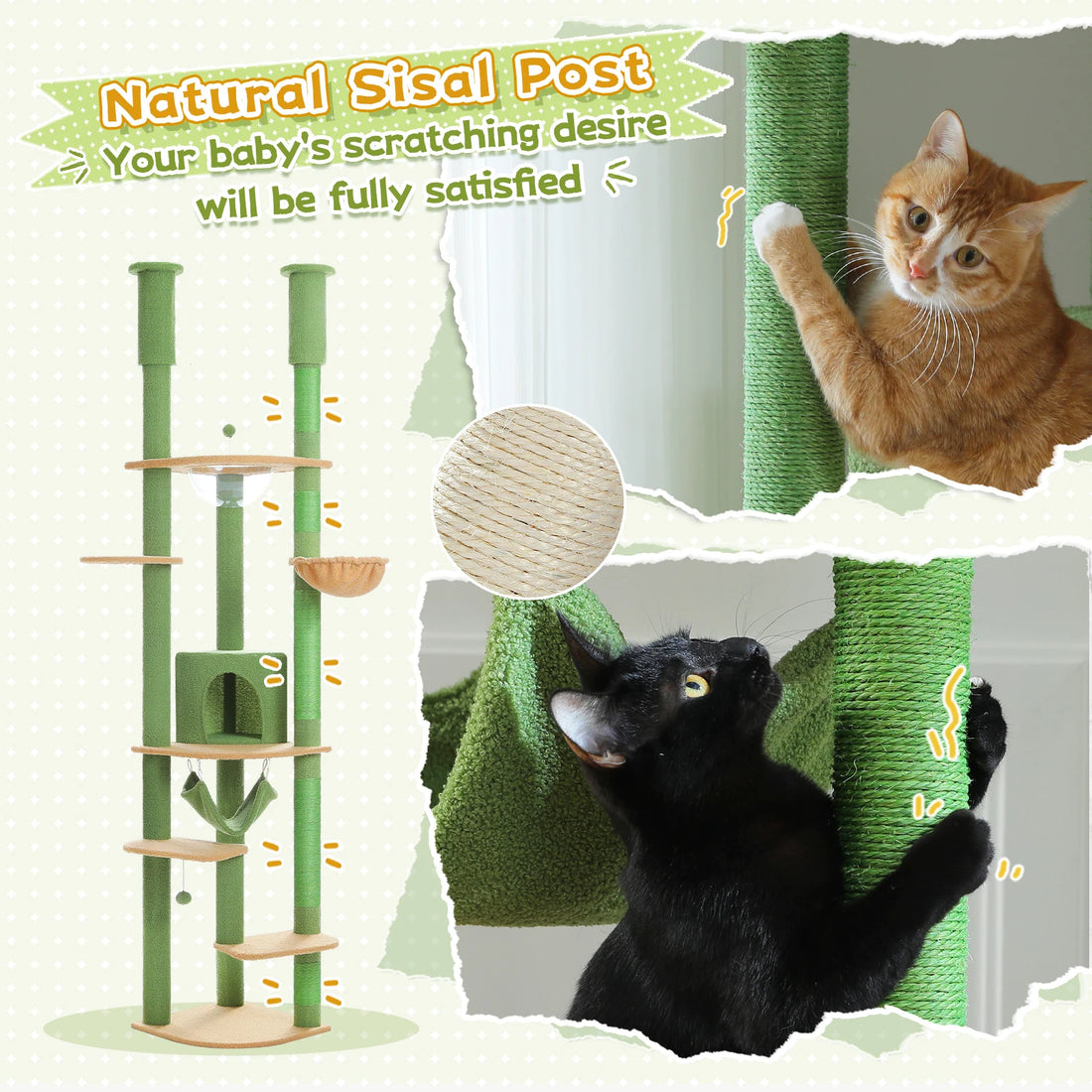 Chat roux et chat noir griffant les poteaux en sisal vert de la tour, avec gros plan sur la corde naturelle