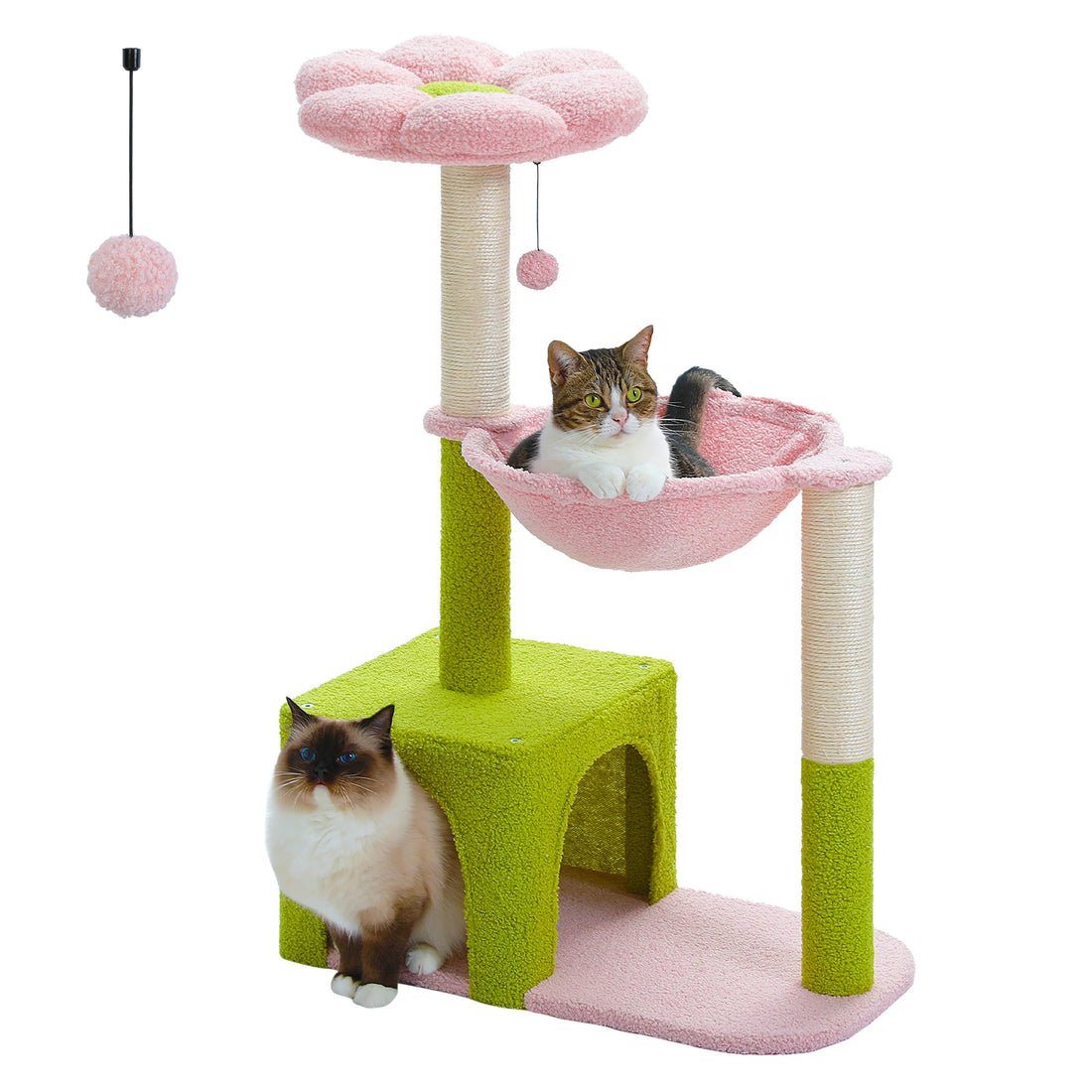 Arbre à chat vert anis et rose sur fond blanc, un chat tigré dans le hamac