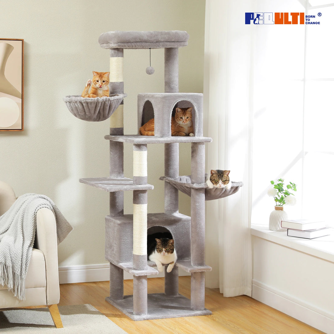 Cat tree with 2 condos and metal hammock, beige