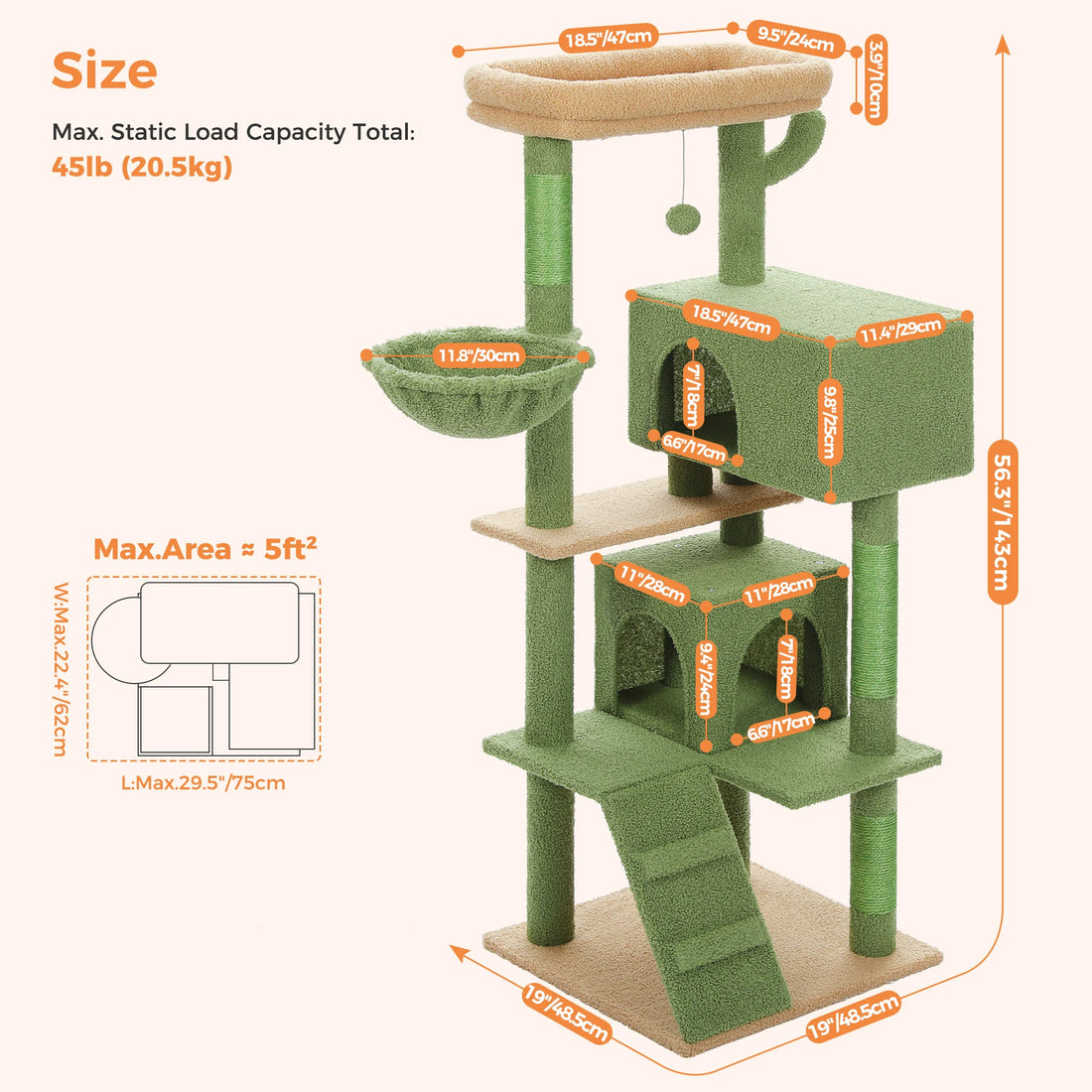 Infographie des tailles d'un griffoir vert façon cactus de 143 cm : niches de 47 × 29 cm et 28 cm, hamac 30 cm, base 48