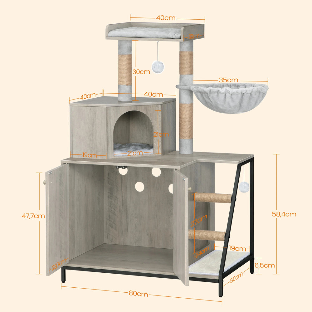 Schéma des dimensions de l'arbre à chat avec armoire : 80 × 50 cm, plateforme 40 cm, hamac 35 cm, niche 21 cm