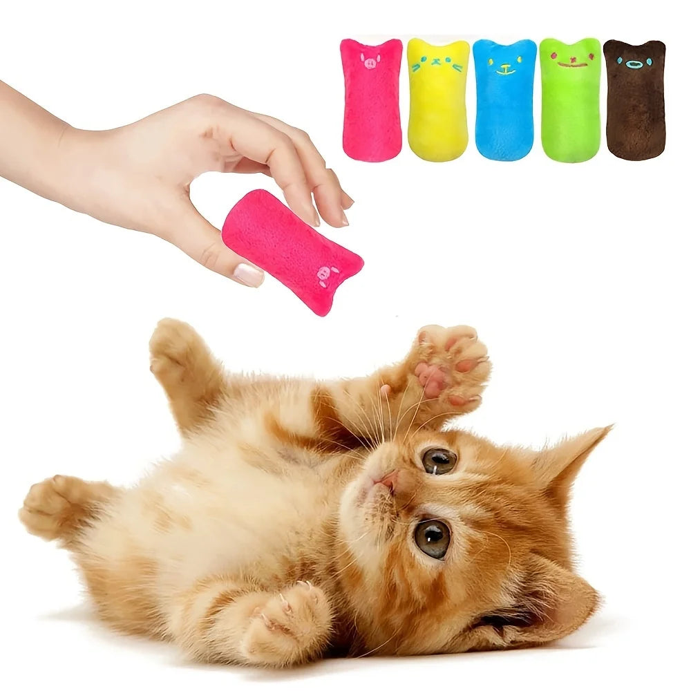Chaton roux allongé sur le dos jouant avec une peluche rose tenue par une main, gamme de cinq coloris en haut