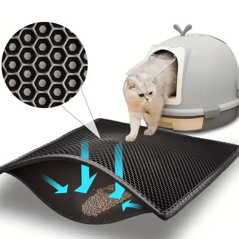 Tapis de litière noir à double couche, gros plan hexagones retenant les granulés, chat gris clair et bac fermé