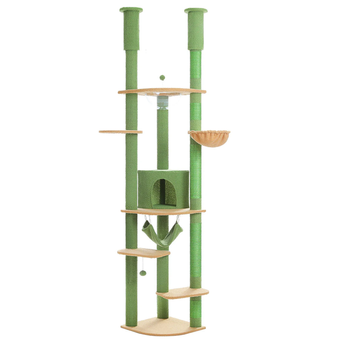 Arbre à chat vert de face sur fond blanc, avec niche, hamac, panier beige, bulle transparente et boules pendantes