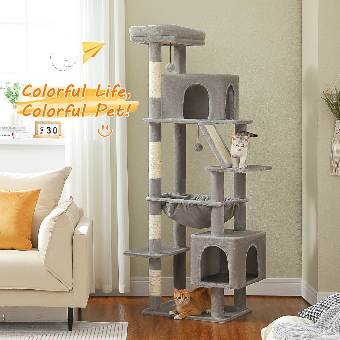 71" cat tree with two large condos, charcoal gray