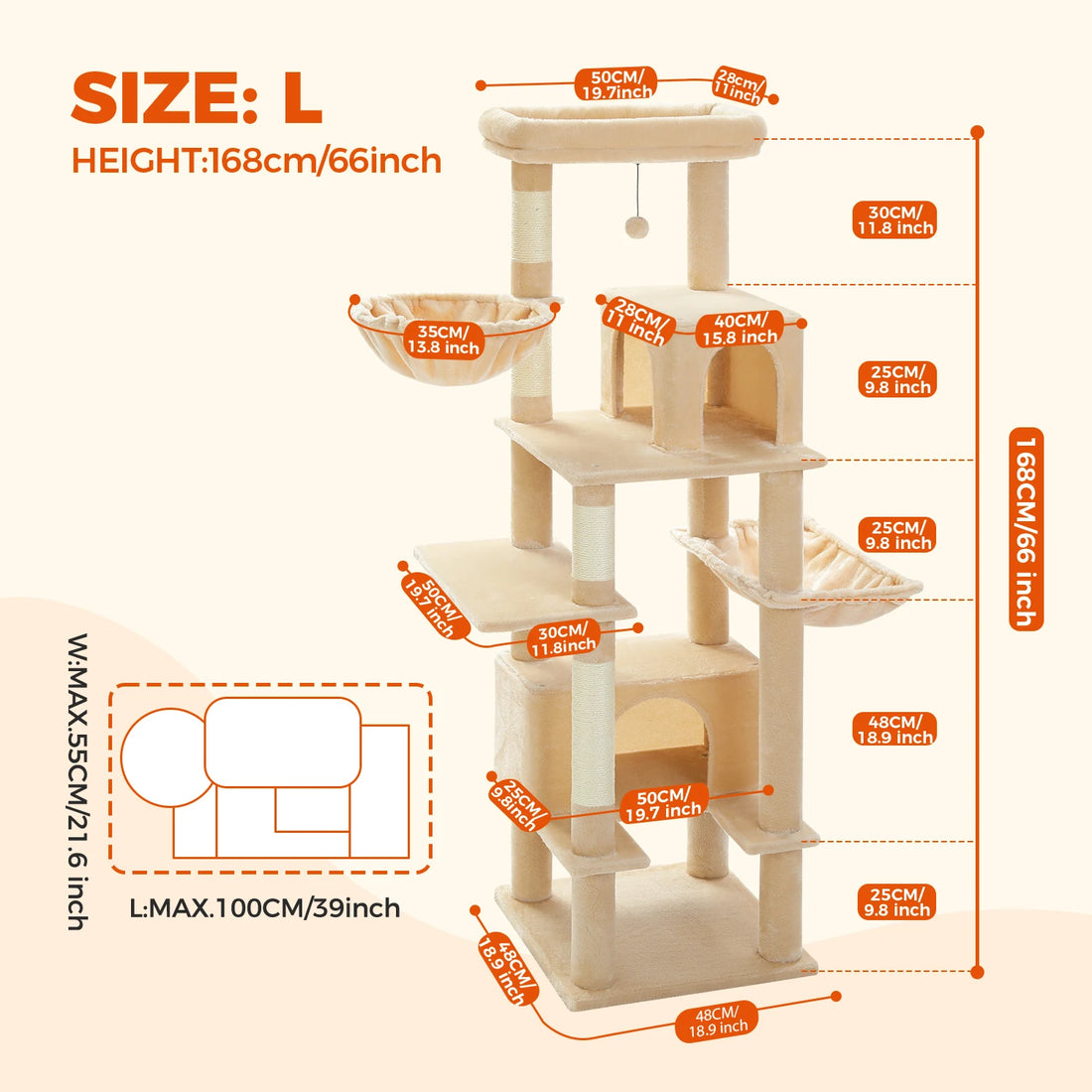 Cotes de la tour à chat beige : hauteur 168 cm, base 48 × 48 cm, niches 50 × 25 cm, encombrement 100 × 55 cm