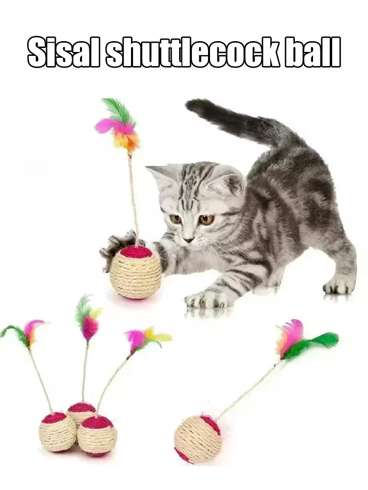 Bannière sur la balle en sisal à plumes : chaton gris jouant, plusieurs balles à tige sur fond blanc