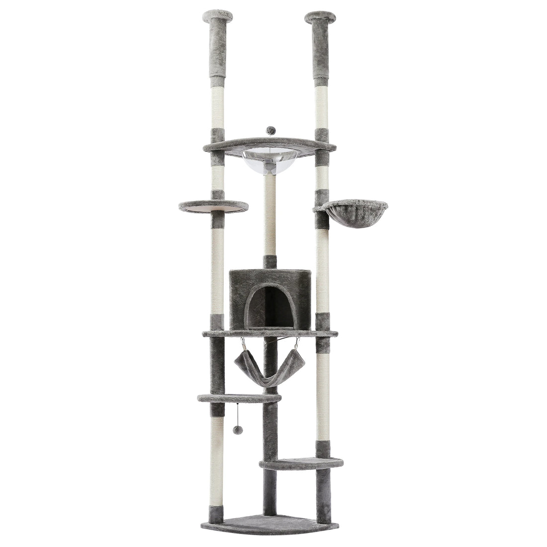 Arbre à chat gris sans chat, poteaux en sisal, niche, panier en peluche, hamac et plateforme ronde