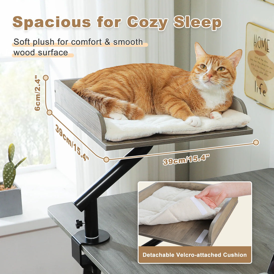 Chat roux allongé sur un coussin blanc en peluche, plateau gris 39 × 39 cm avec rebord de 6 cm sur pince de bureau