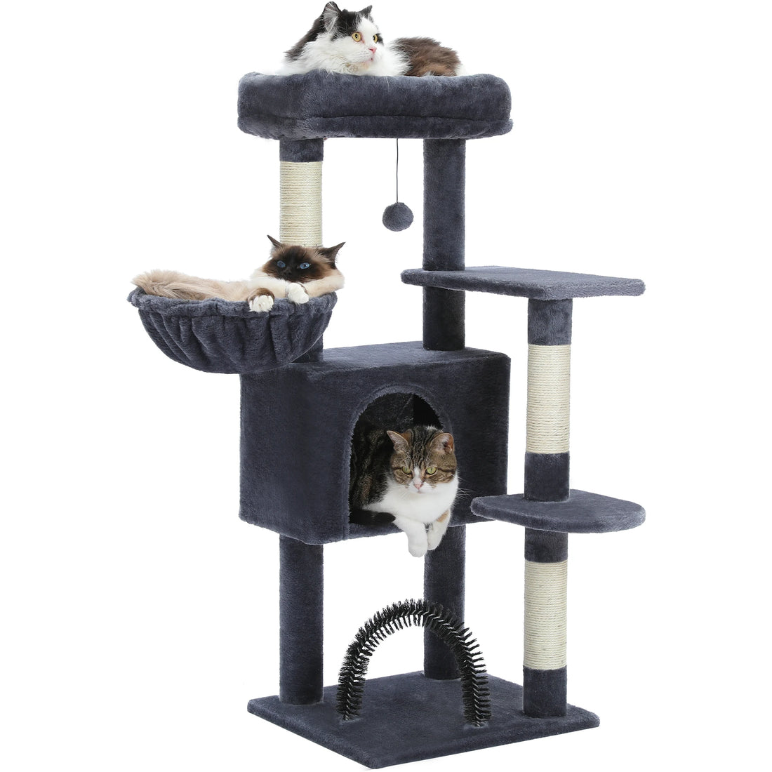Griffoir sur pied gris foncé avec un chat noir et blanc au sommet, un ragdoll dans le hamac et un tigré dans la niche