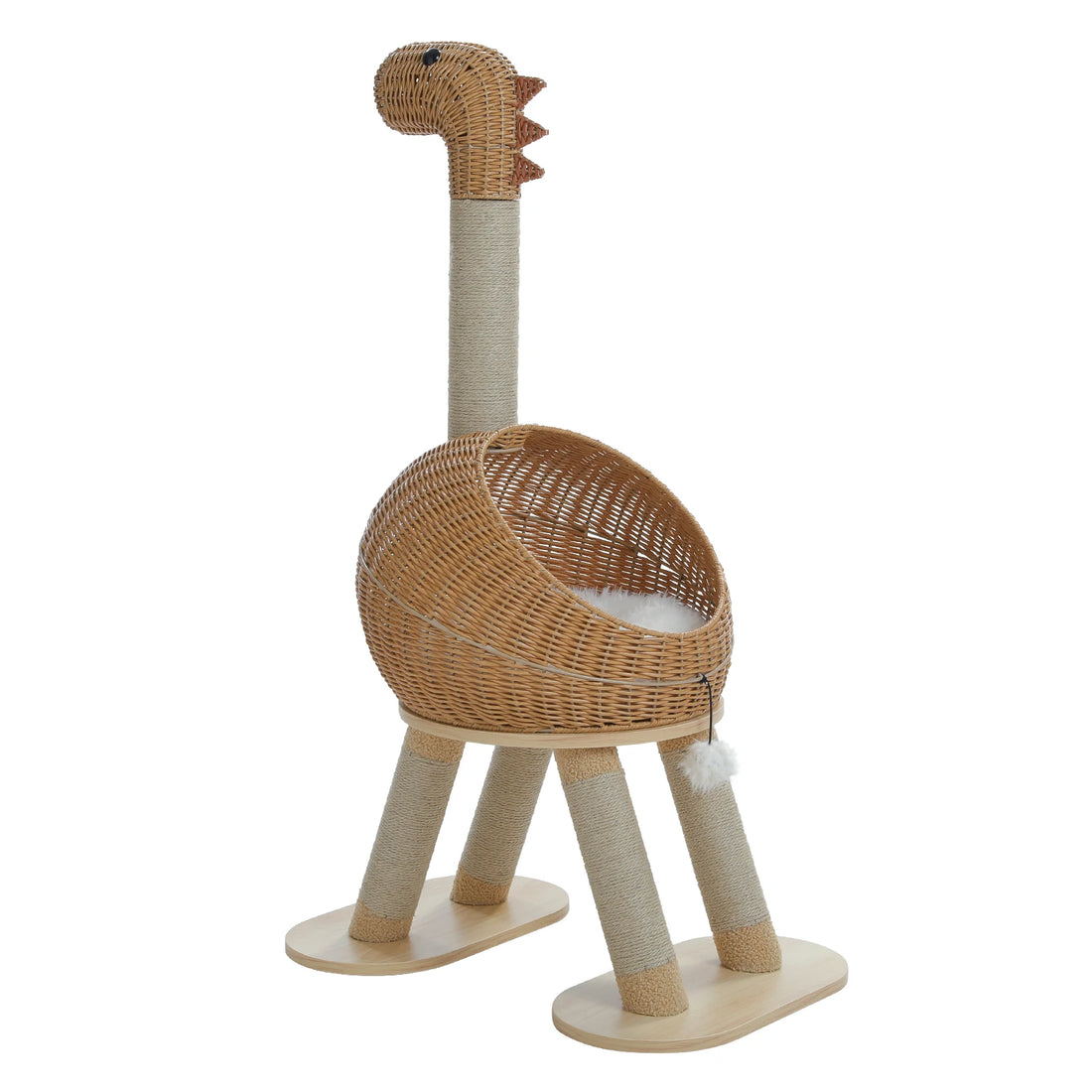 Niche dinosaure en rotin sans chat, avec coussin blanc, pompon suspendu et pieds gainés de sisal