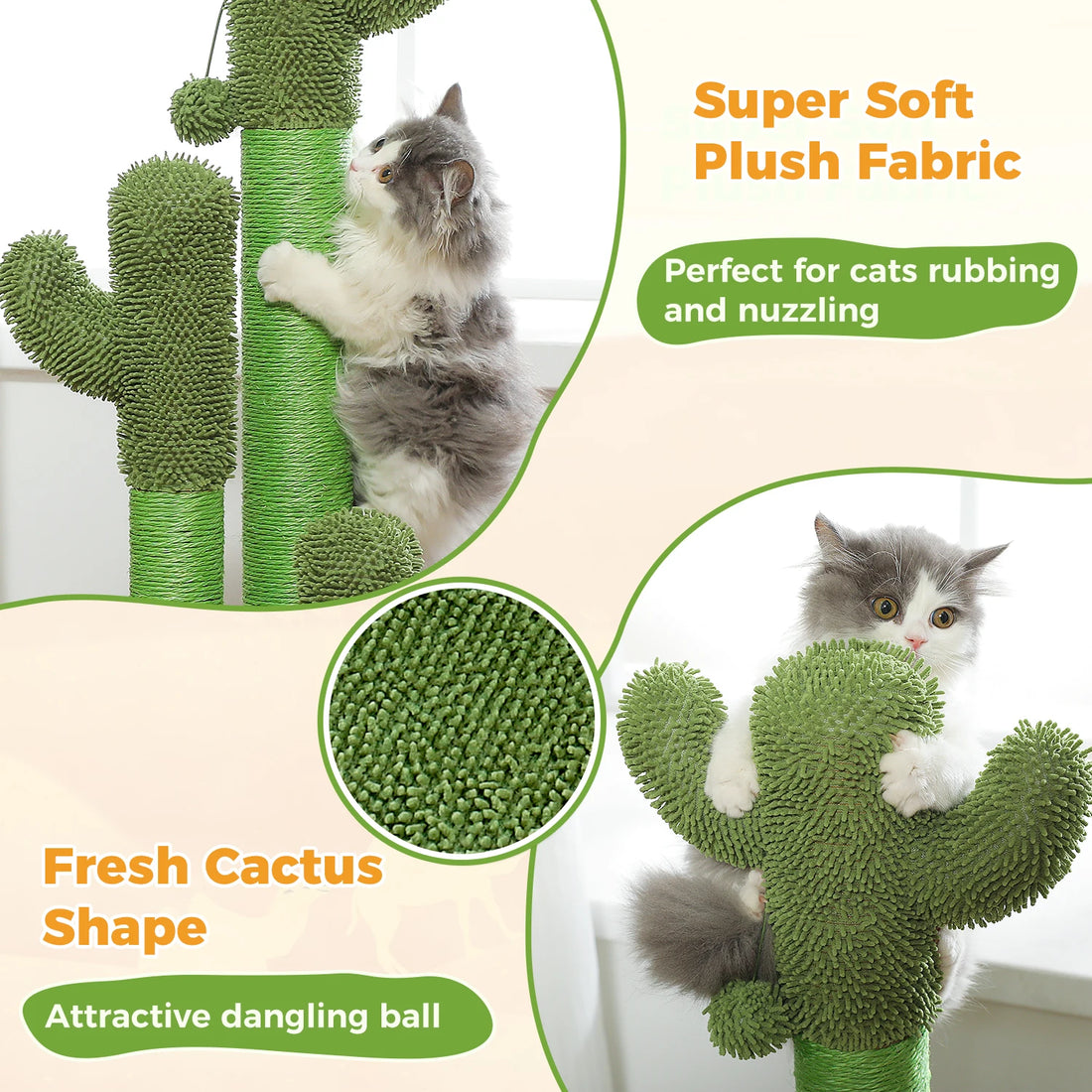 Montage de trois vues d'un chaton sur un griffoir cactus : peluche douce, texture chenille, balle suspendue