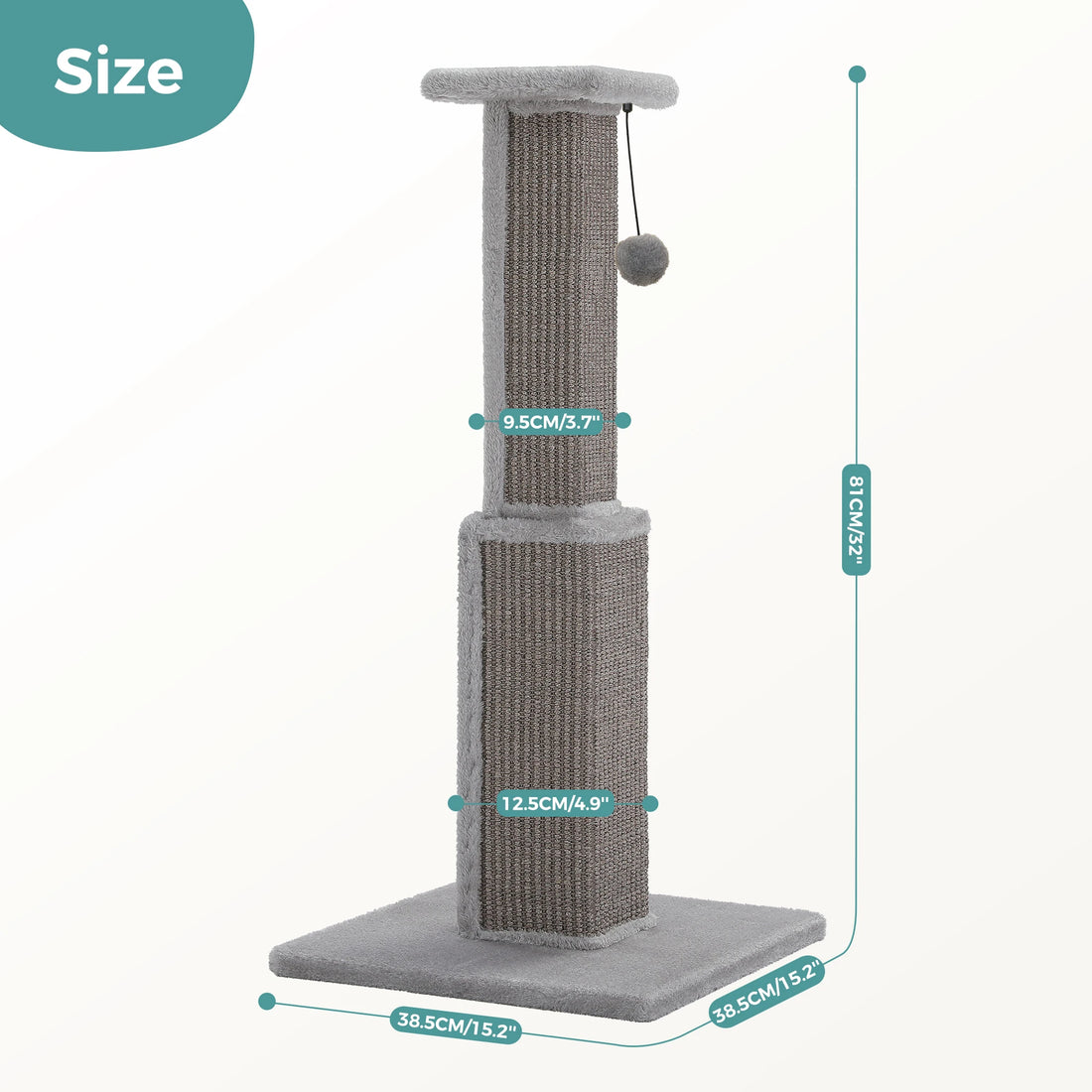 Cotes du poteau à griffer gris en sisal : hauteur 81 cm, base carrée 38,5 cm, colonnes de 9,5 et 12,5 cm