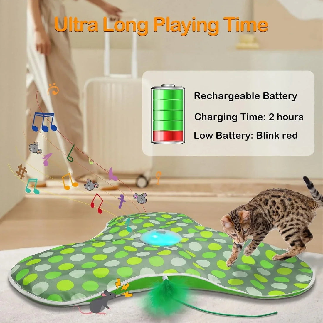 Chat bengal jouant sur un tapis de chasse vert à pois, avec indicateur de batterie rechargeable en 2 heures