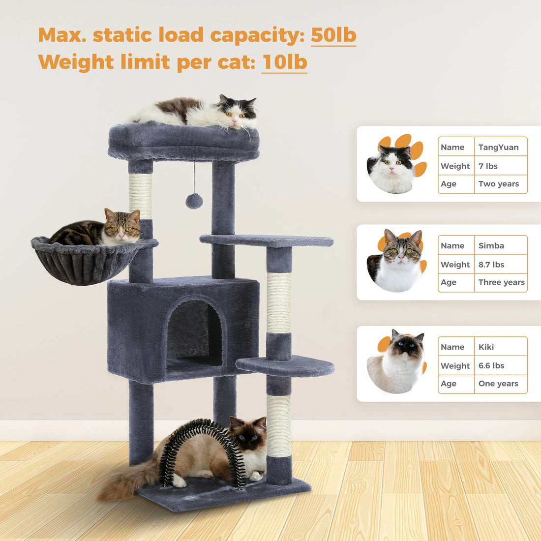 Fiches de trois chats sur l'arbre à chat gris : TangYuan 7 lb, Simba 8,7 lb et Kiki 6,6 lb