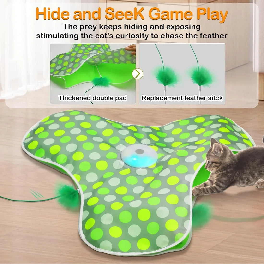 Tapis de jeu électrique vert à pois en forme de trèfle, avec un chat abyssin qui joue et un autre qui se faufile dessous