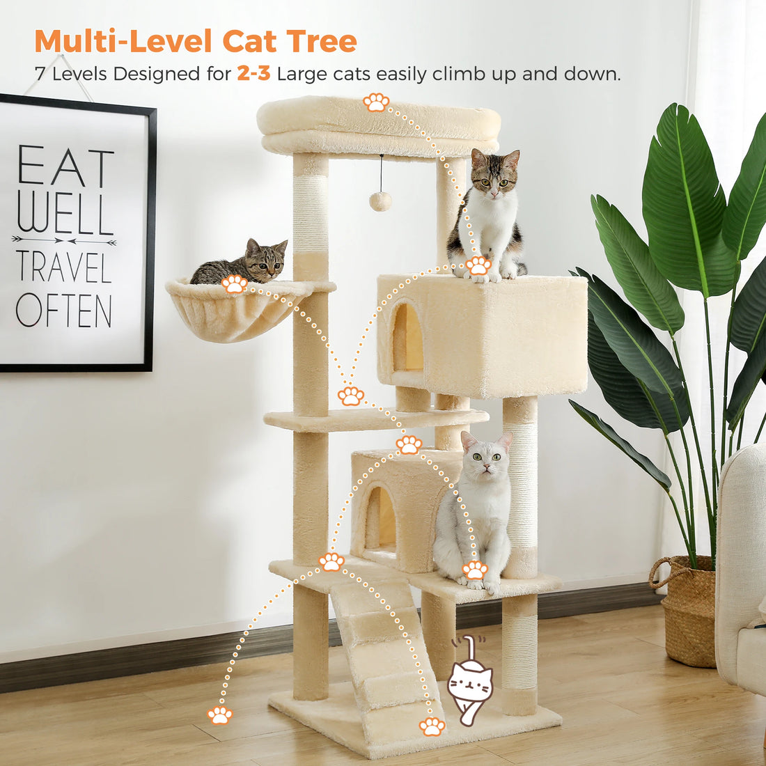Grand arbre à chat beige sur sept niveaux, avec parcours de pattes en pointillés entre hamac, niches et plateau
