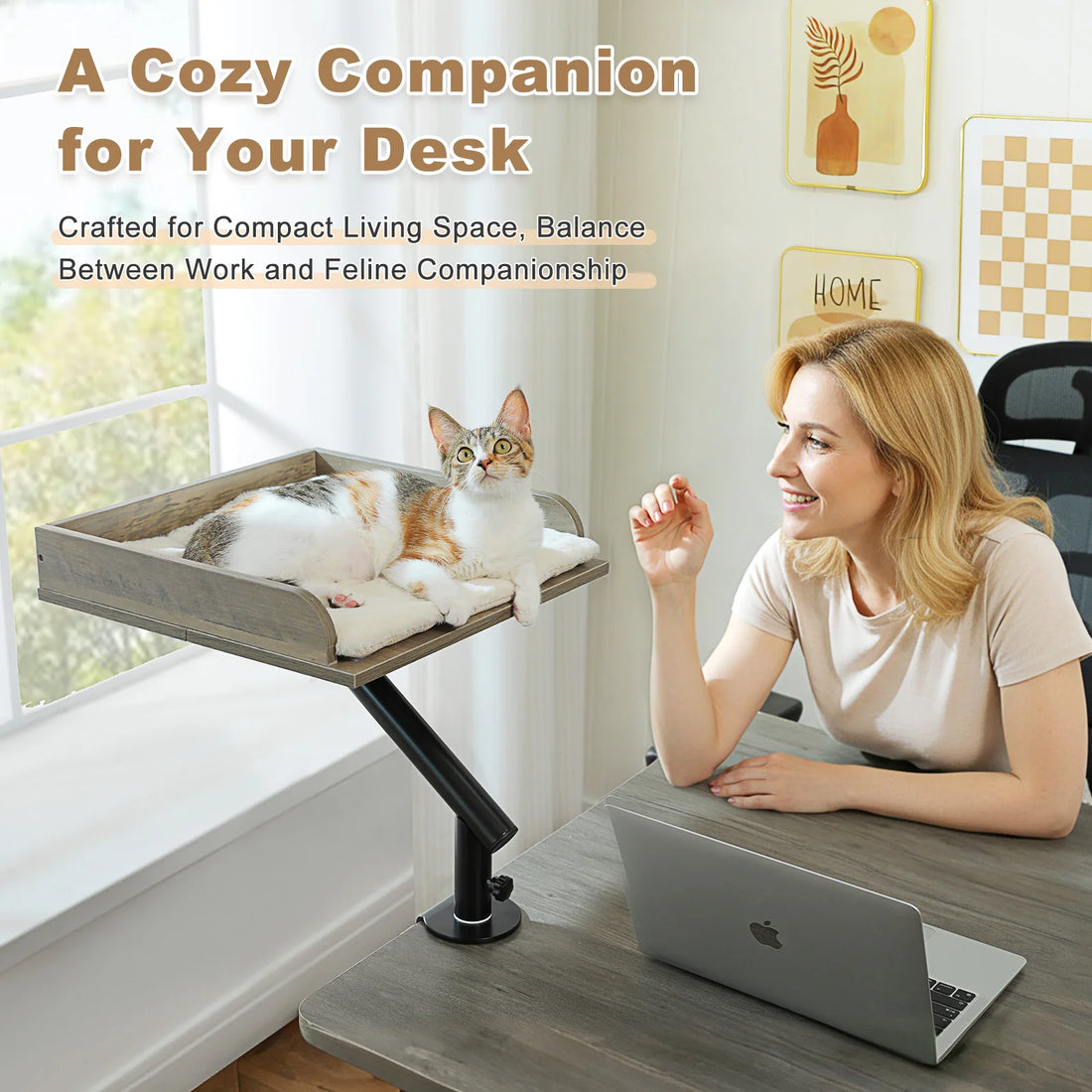 Femme souriante devant son ordinateur portable, chat calico couché sur un plateau gris fixé au bureau par un bras noir