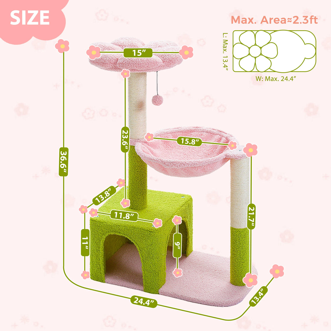 Schéma des dimensions de l'arbre à chat fleur rose et vert : 36,6 po de haut, base de 24,4 × 13,4 po, hamac de 15