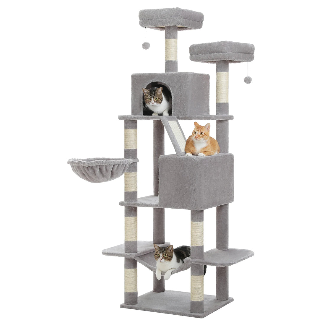 Arbre à chat gris clair sur fond blanc avec chat tigré dans la niche
