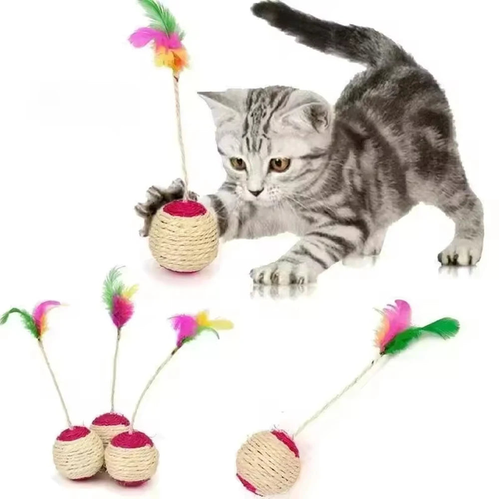 Chaton tigré gris qui joue avec une balle en sisal à plumes colorées, trois autres modèles en dessous