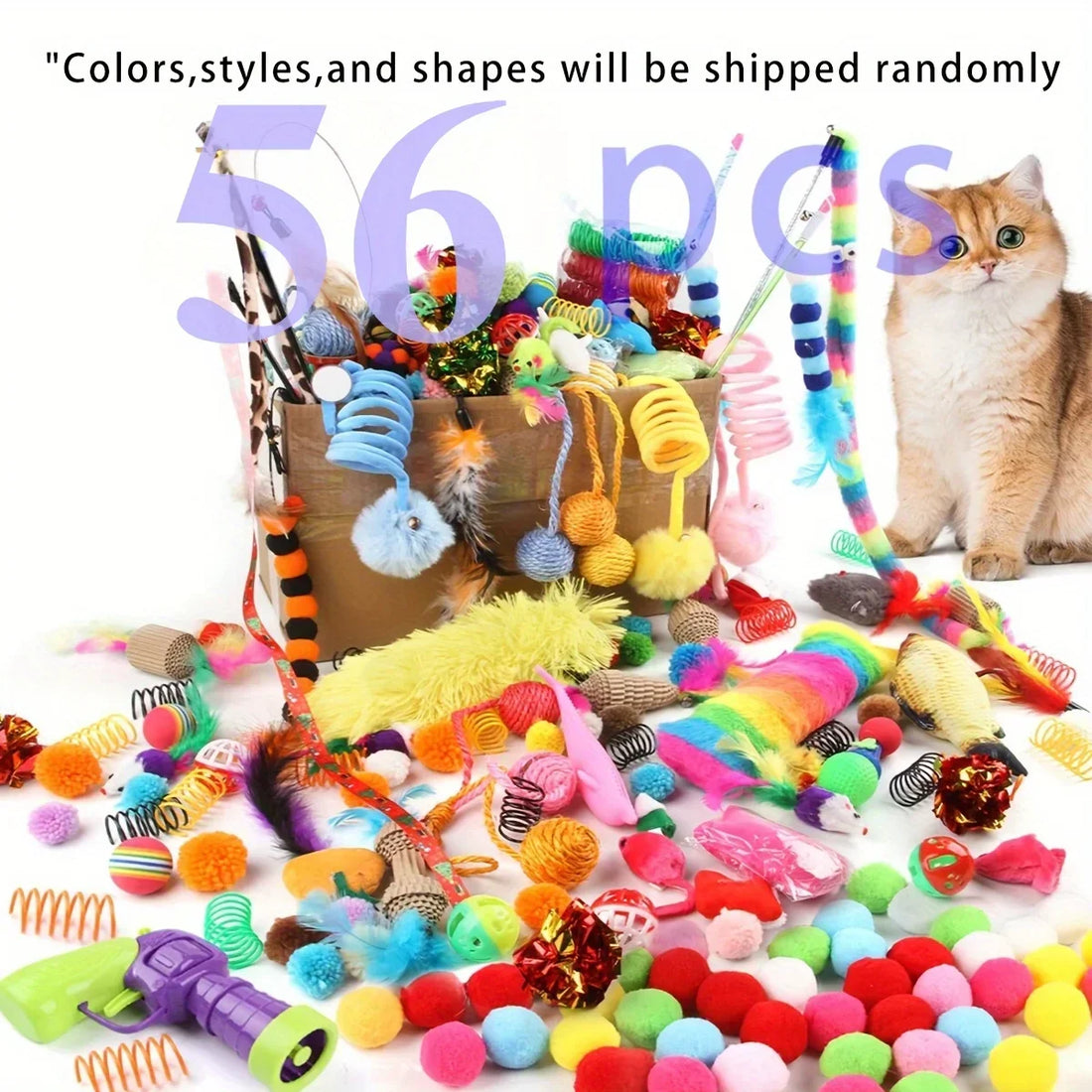 Assortiment de 56 accessoires de jeu pour félin en vrac dans un carton, coloris et modèles envoyés au hasard