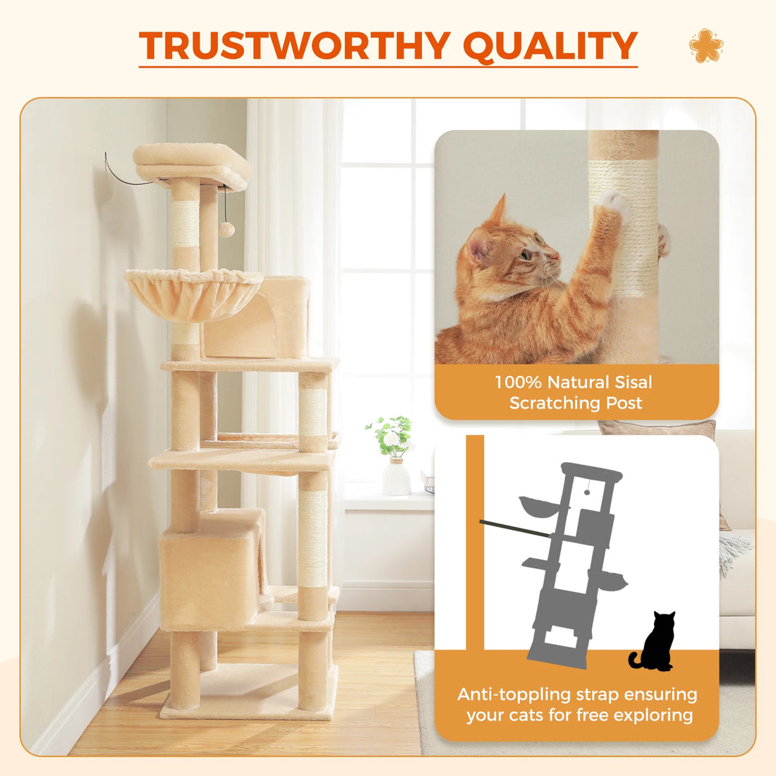 Chat roux dressé contre un poteau en sisal d'un arbre à chat beige, avec schéma de la sangle antibasculement