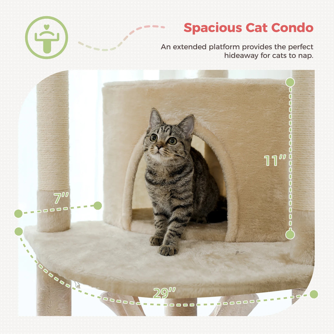 Niche beige en peluche avec chaton tigré à l'entrée, cotes indiquées : plateforme de 29 pouces, hauteur de 11 pouces