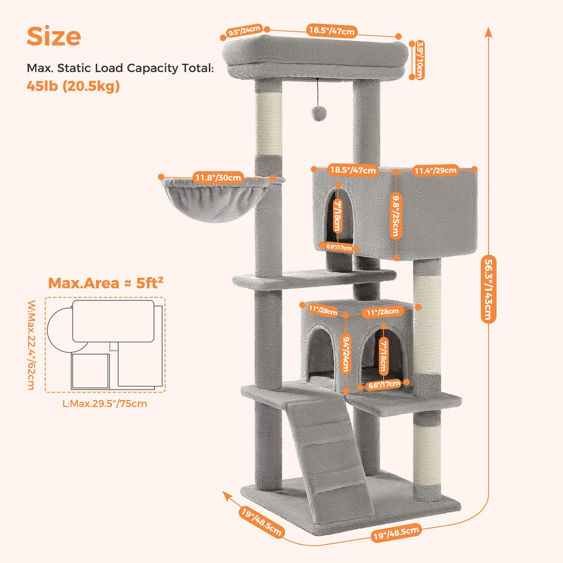 Schéma des cotes de l'arbre à chat gris de 143 cm : base 48,5 cm, plateau 47 × 24 cm, hamac 30 cm, charge 20,5 kg