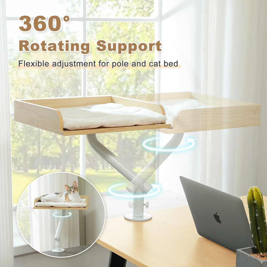 Plateau pour chat en bois clair sur bras blanc pivotant à 360°, vu dans deux positions devant une fenêtre