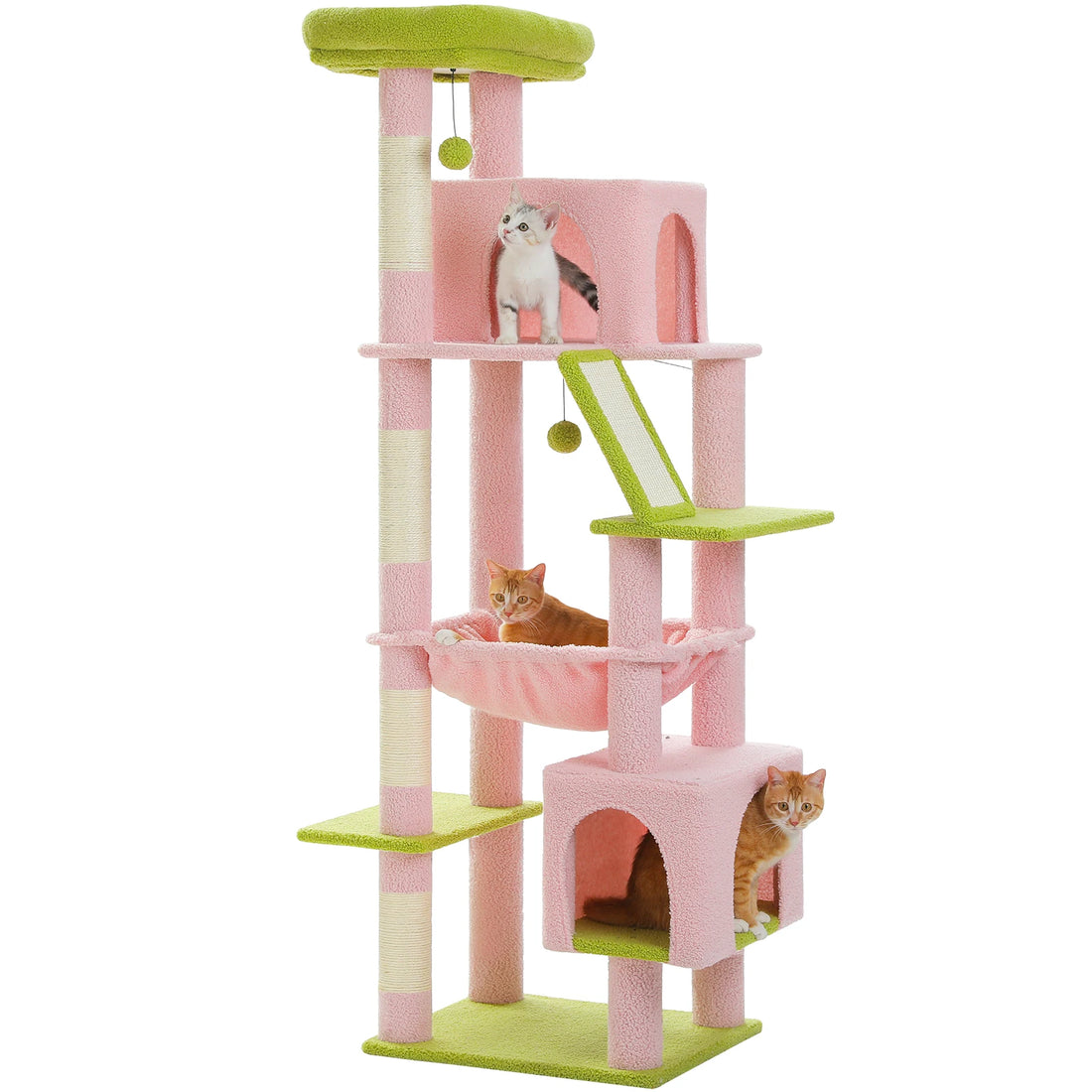 Meuble à chat rose et vert anis, chaton dans la niche haute, chat roux au hamac et un autre glissé dans la niche basse