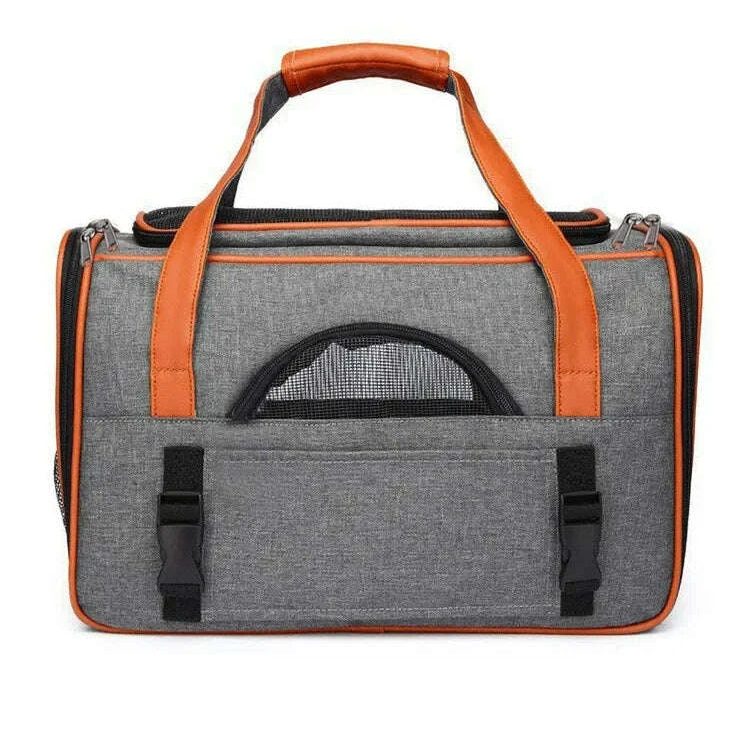 Face arrière du sac de transport gris chiné avec deux sangles à boucles noires et petite fenêtre en filet au-dessus