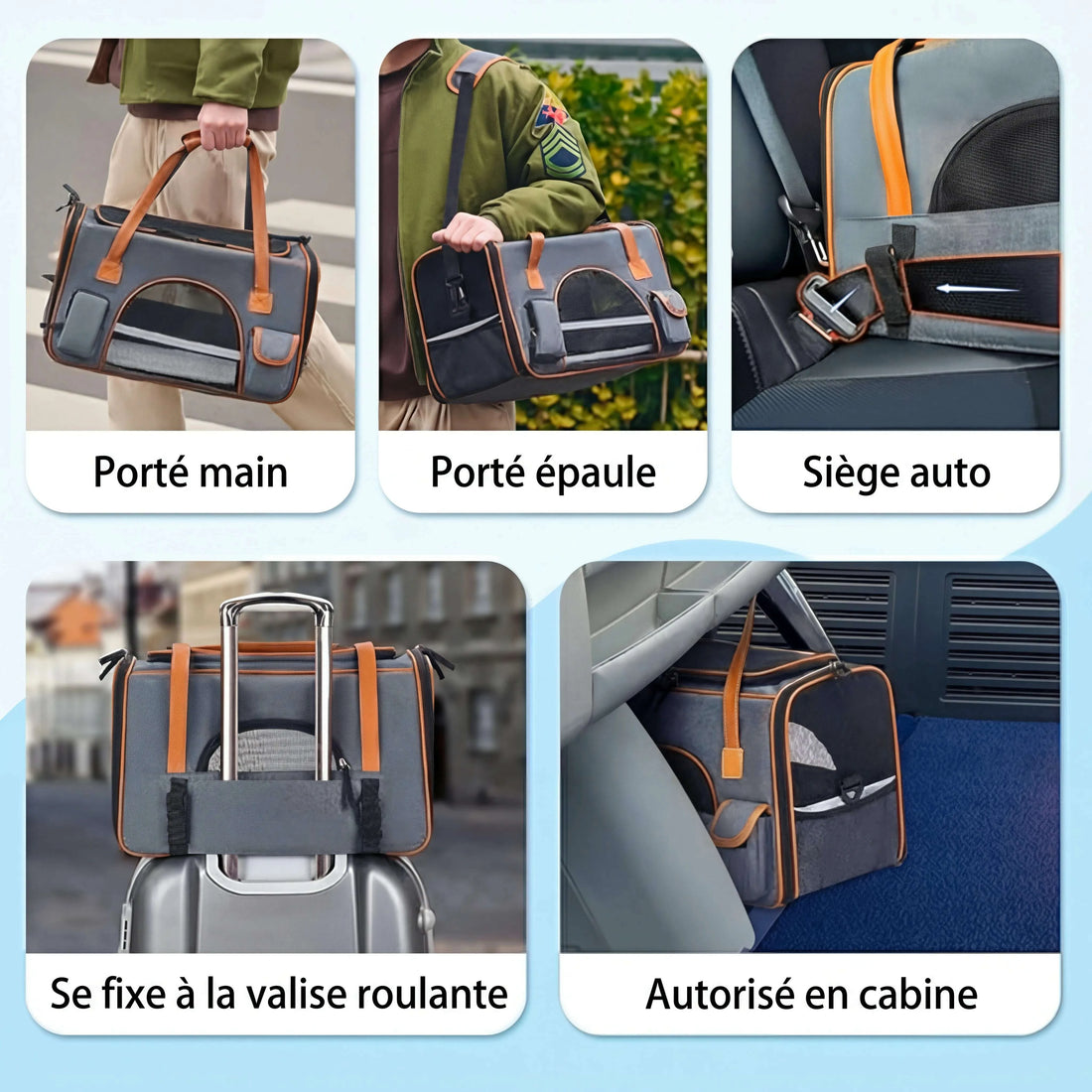 Cinq usages du sac pour chat : porté main, à l'épaule, sur siège auto, fixé à une valise roulante et en cabine