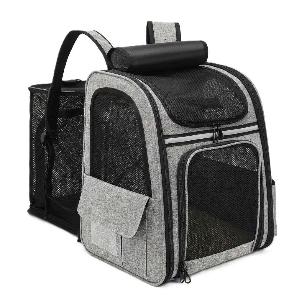Sac à dos gris chiné à parois en filet noir pour chat, poche latérale à rabat et extension arrière