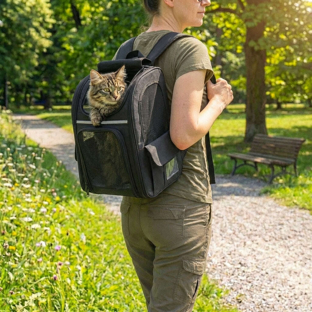 Femme portant un sac à dos de transport noir dans un parc, avec un chat tigré qui pointe la tête
