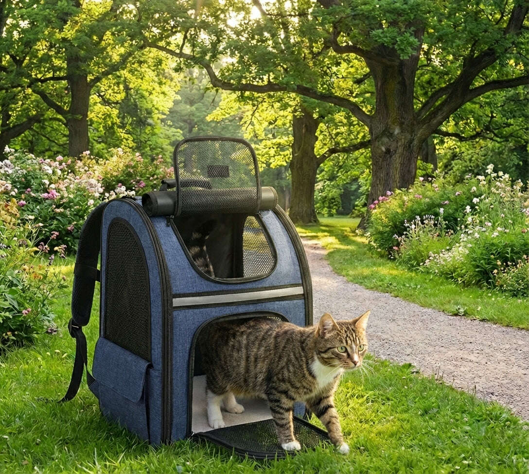 Chat tigré et blanc sortant d'un sac à dos bleu dans un jardin fleuri, sous de grands arbres