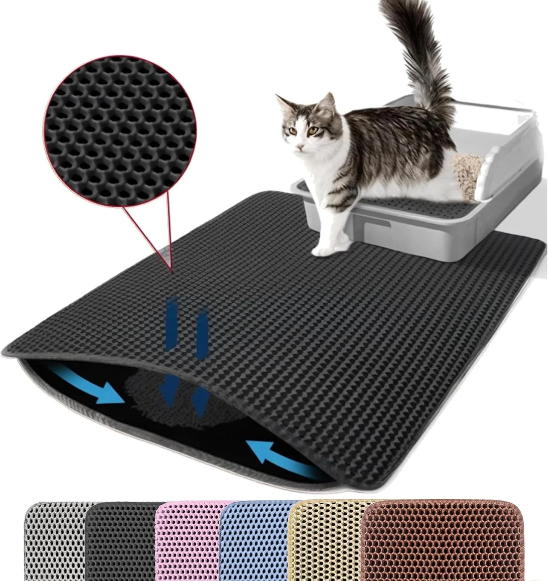 Tapis anti-dispersion noir double épaisseur devant une litière, chat tigré et blanc, gros plan sur la texture