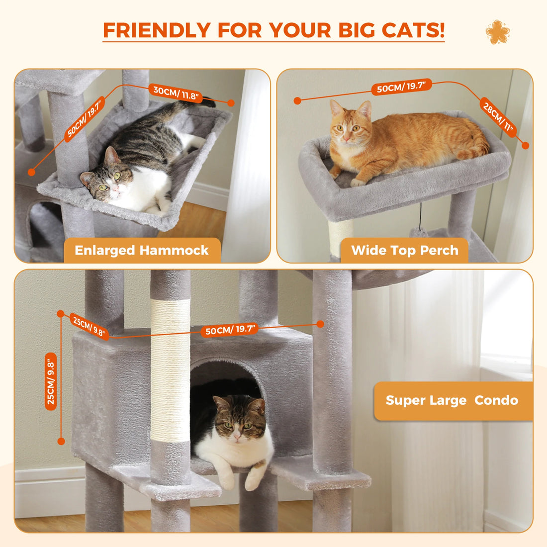 Trois gros plans de la tour à chat grise : hamac 50 × 30 cm, plateau supérieur 50 × 28 cm, niche 50 × 25 cm