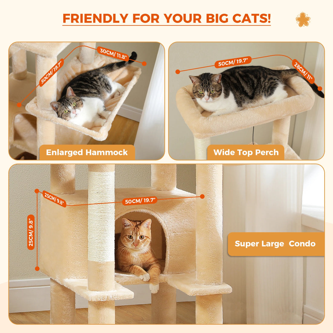Détails de l'arbre à chat beige : hamac agrandi, large plateau et niche XXL avec chats tigré et roux, cotes indiquées