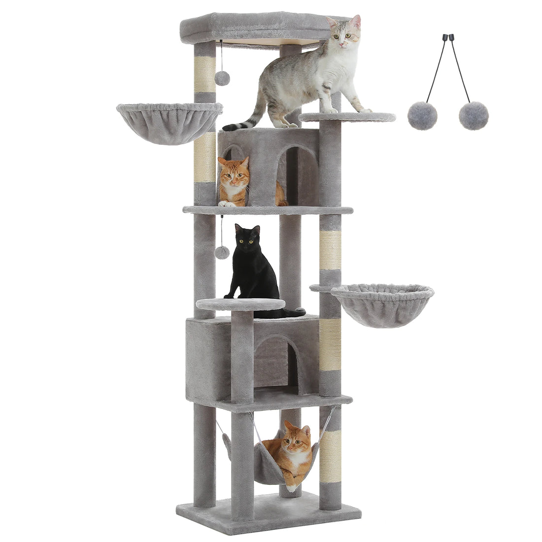 Arbre à chat gris clair avec chat tigré au sommet, roux dans la niche, noir sur la plateforme et roux dans le hamac