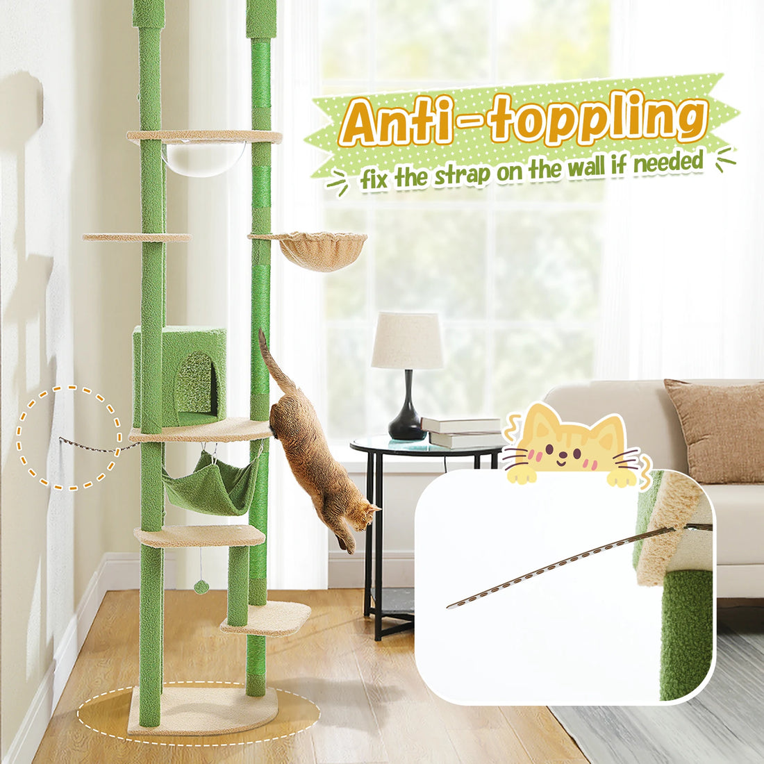 Chat roux sautant depuis la niche d'un arbre à chat vert, avec sangle antibasculement fixée au mur en détail