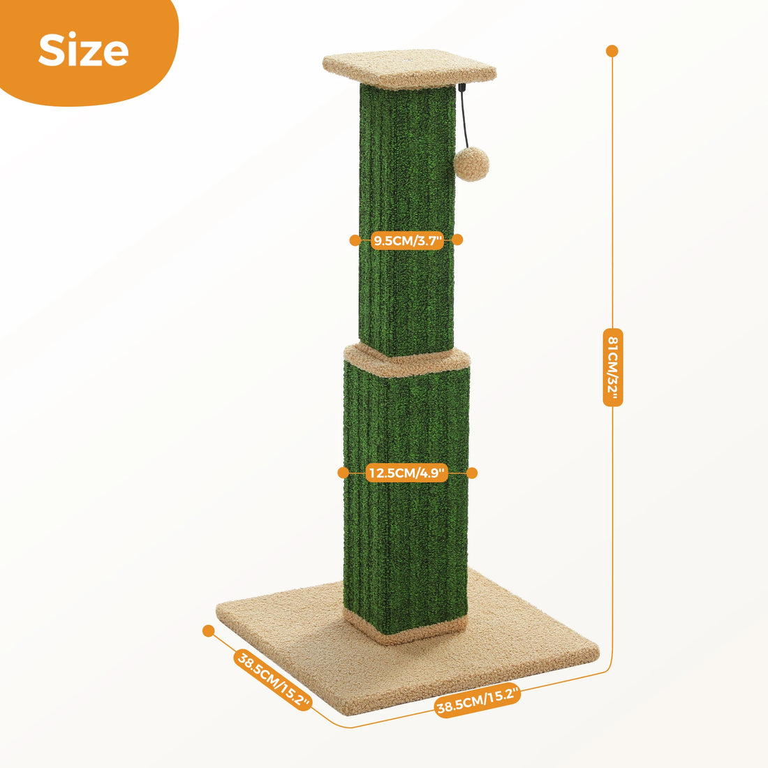 Dimensions du griffoir vert à socle beige : 81 cm de hauteur, base 38,5 × 38,5 cm, largeurs 9,5 et 12,5 cm