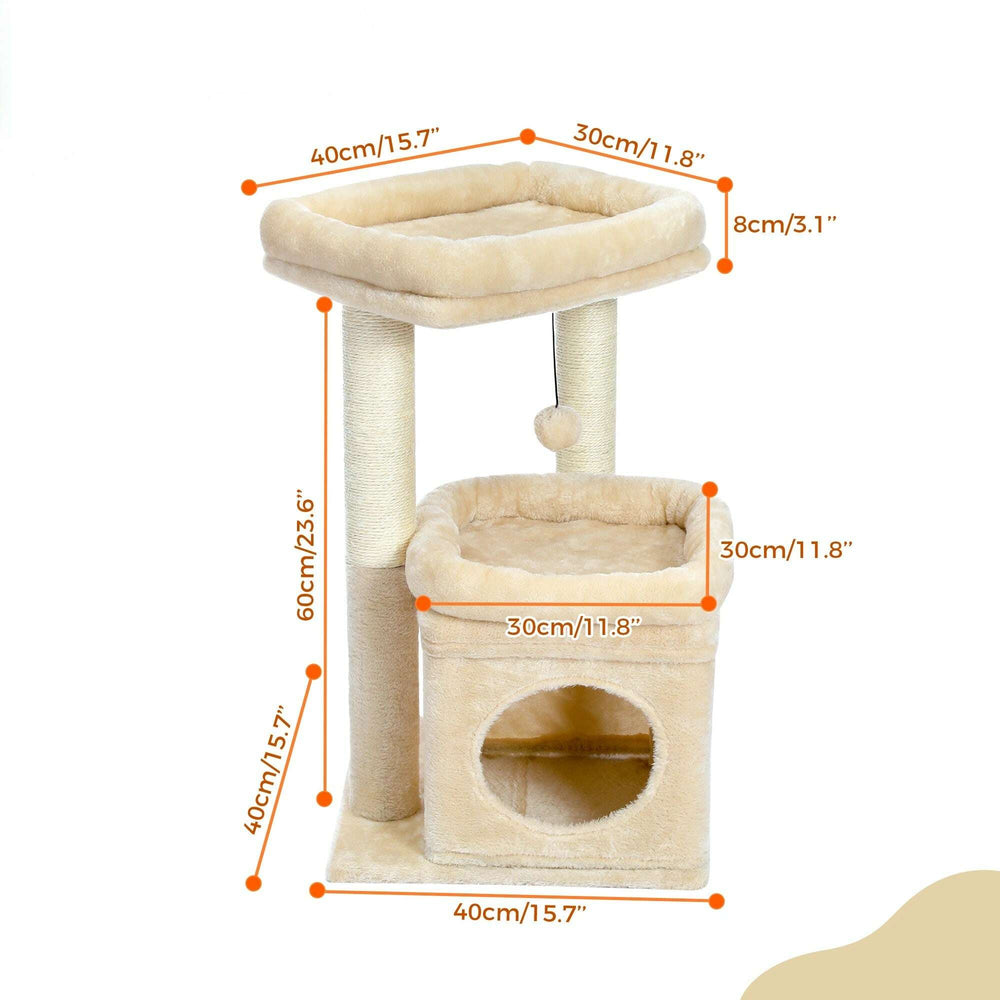 Schéma des dimensions de l'arbre à chat beige : hauteur 60 cm, base 40 × 40 cm, plateau 40 × 30 cm